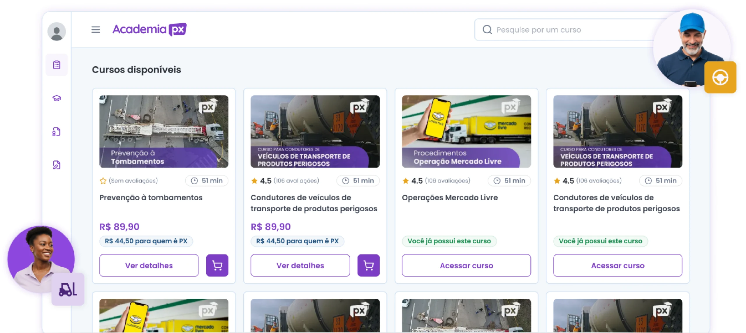 Plataforma da Academia PX: catálogo de cursos disponíveis para os profissionais da empresa