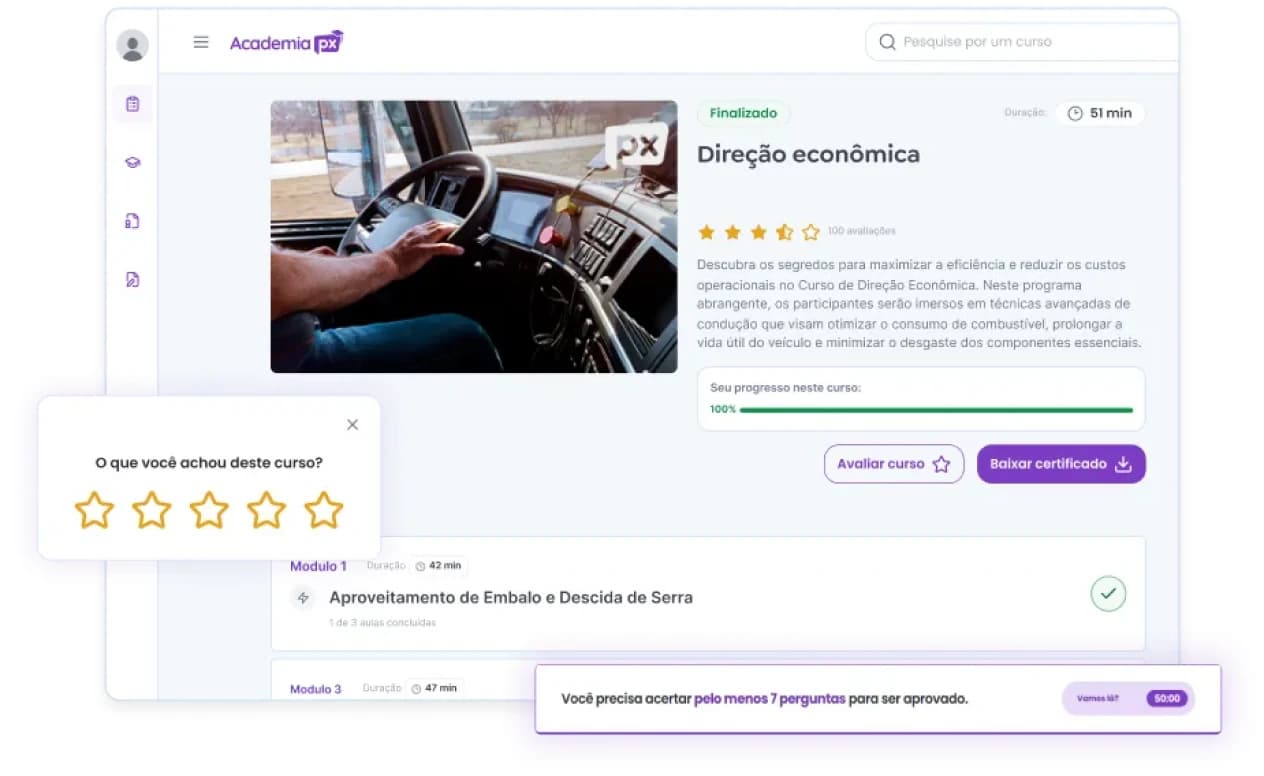 Tela da plataforma da Academia PX com o catálogo de cursos