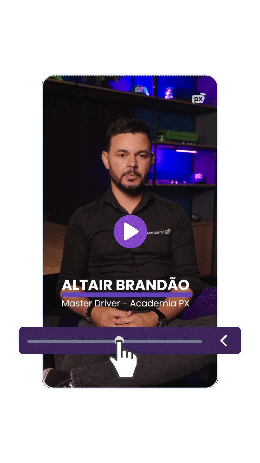 Aula em vídeo da Academia PX com a barra de progresso travada e o cursor sobre ela