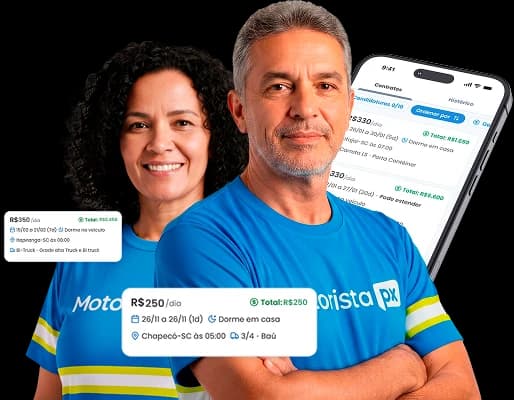 Motorista e motorista parceira da Motorista PX segurando um celular com o aplicativo