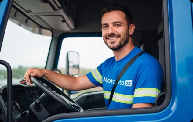 Motorista sorrindo ao lado de caminhão da frota