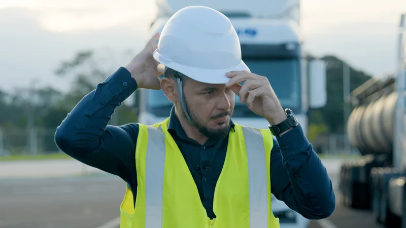 Trabalhador ajustando o capacete de proteção