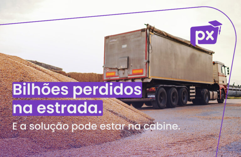 Uma imagem de um caminhão em uma curva com a frase "Bilhões perdidos na estrada. E a solução pode estar na cabine."